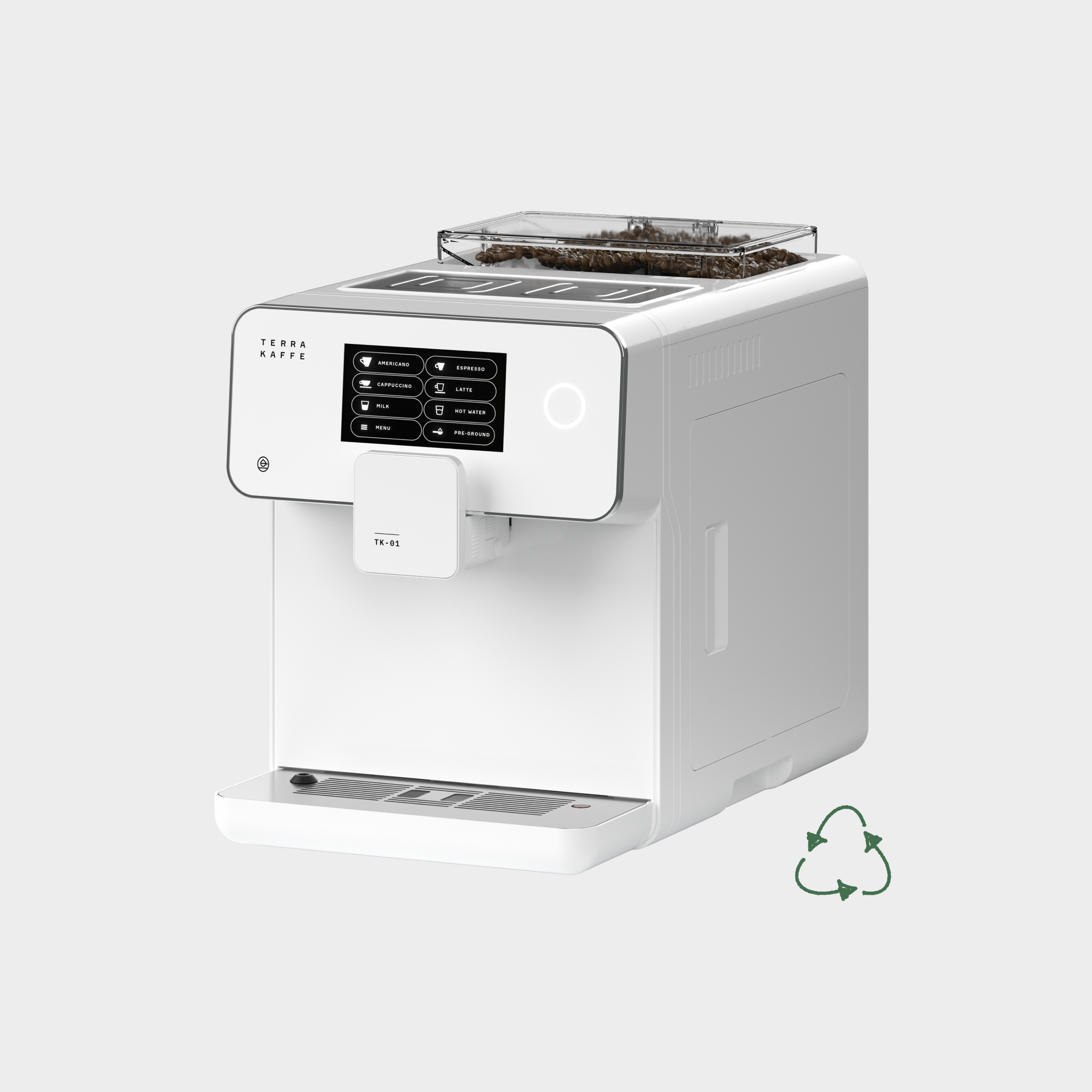 Terra Kaffe | White TK-01 with a green recycling logo